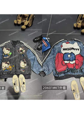 MX欧货潮牌重工拉链水洗薄款欧美风KT猫短外套落肩袖韩版上衣