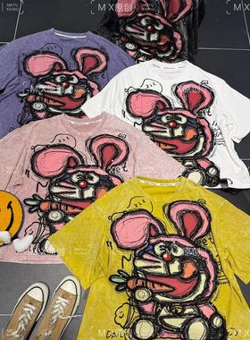 MX女装欧货春夏新款大版宽松大版重工洋气怀旧短袖t恤上衣女20537