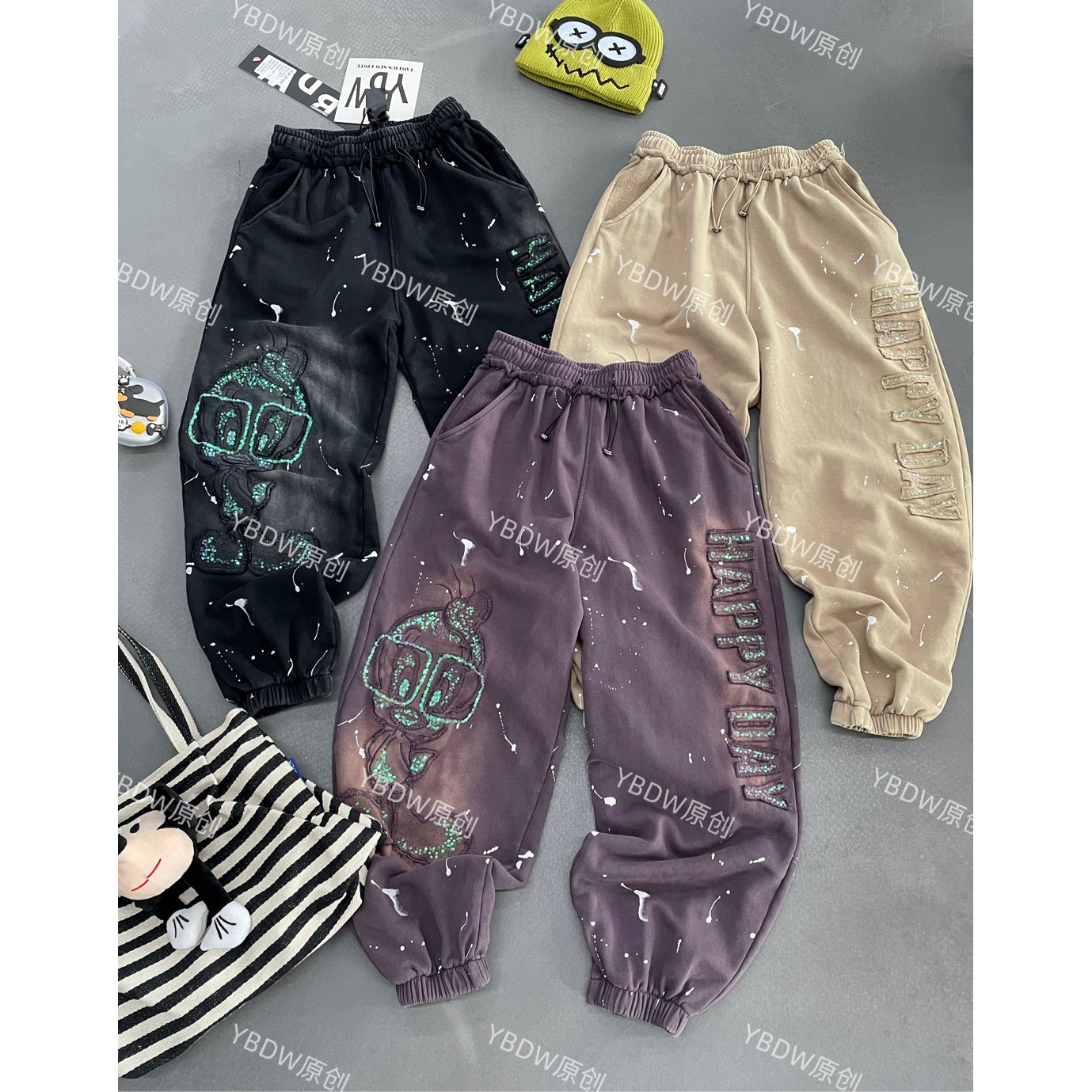 YBDW欧货潮牌重工卡通鸭子卫裤宽松休闲百搭减龄潮淑女重工刺绣