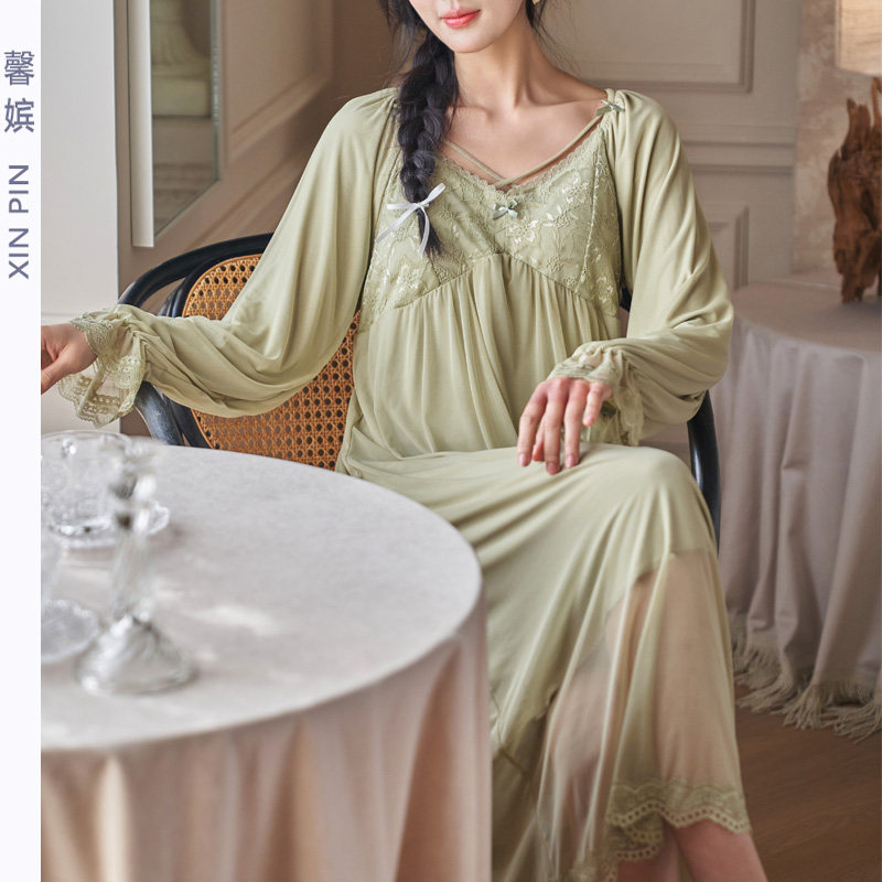 馨嫔网纱长袖宫廷风带胸垫睡裙女