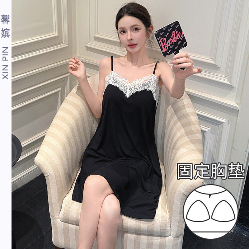 带胸垫吊带睡裙女夏莫代尔中长裙