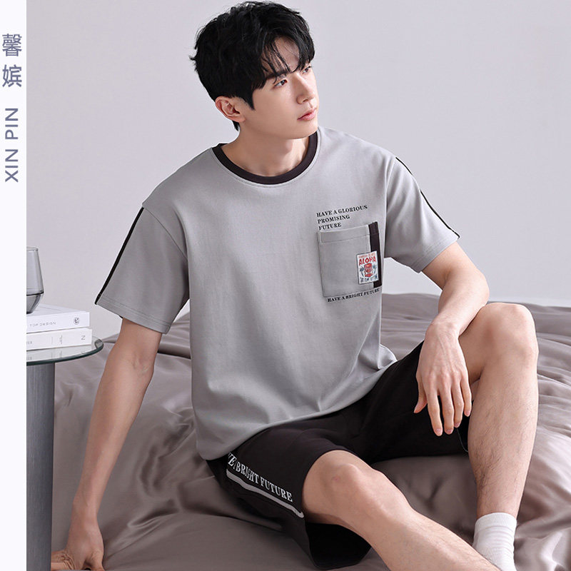 男夏薄短袖睡衣纯棉圆领休闲套头加大码中青年运动宽松可外穿套装