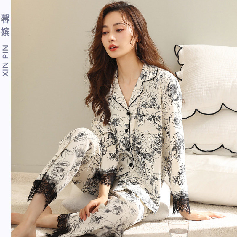 翻领开衫印花长袖纯棉大码睡衣女