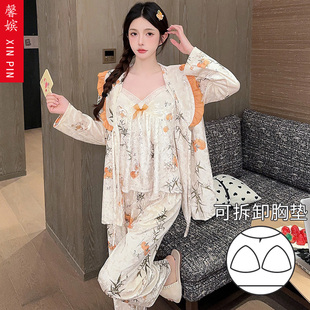 新款 金丝绒睡衣女秋冬甜美性感带胸垫吊带纯欲公主风三件套家居服