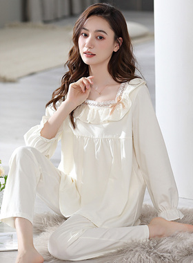 新款公主风大码睡衣女春秋纯棉长袖甜美蕾丝方领套头白色带兜套装
