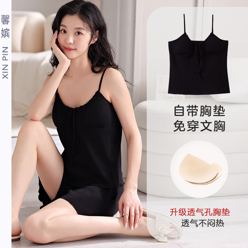 带胸垫吊带睡衣女夏纯棉性感纯欲风套头无袖小背心短裤可外穿套装