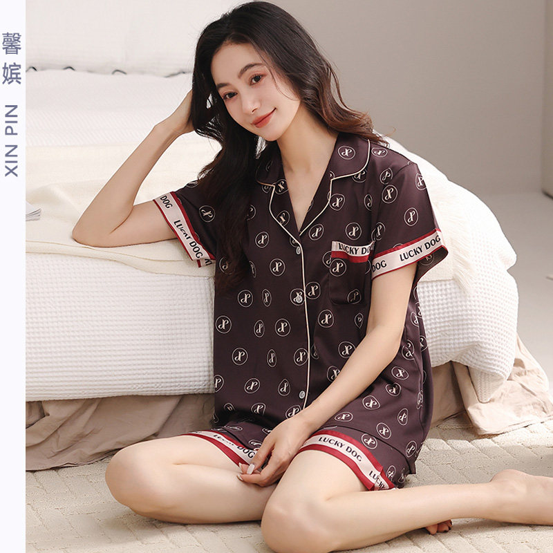 冰丝睡衣女夏翻领短袖仿丝绸套装