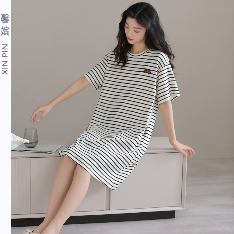馨嫔女夏季纯棉简约圆领条纹睡裙