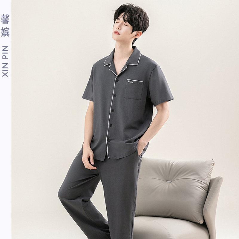馨嫔睡衣男士春夏季纯棉翻领短袖长裤休闲加大码中青年家居服套装