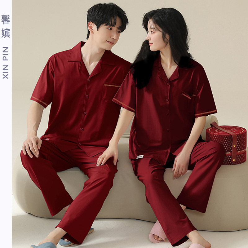 情侣红色结婚睡衣女开衫短袖套装