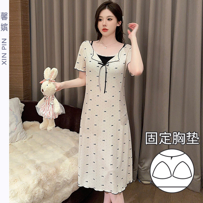 馨嫔莫代尔棉夏季甜美带胸垫睡裙