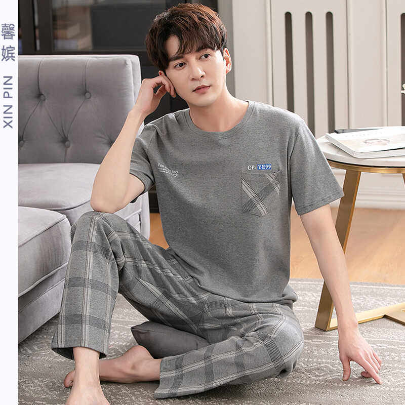 馨嫔睡衣男夏纯棉圆领短袖长裤家居服男款式加大码中青年休闲套装