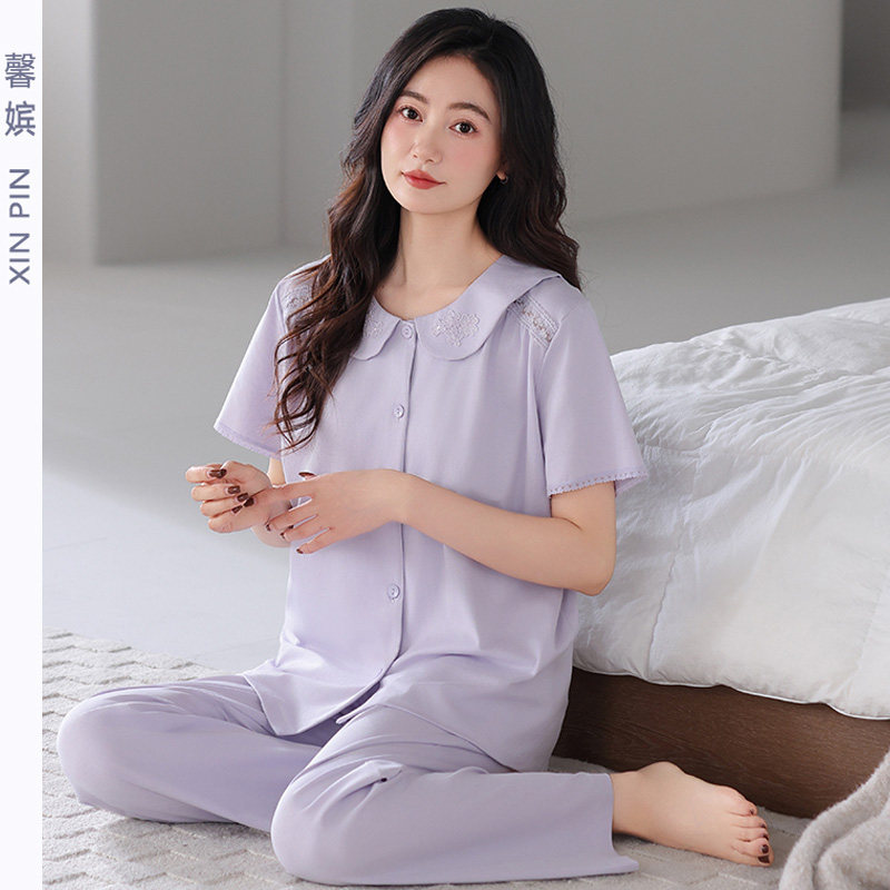 馨嫔睡衣女纯棉开衫短袖长裤套装