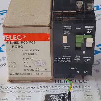 HEINEMANN ELECTRIC SA15A20115V COMBINED RCB MCB 10 AMP BREAK