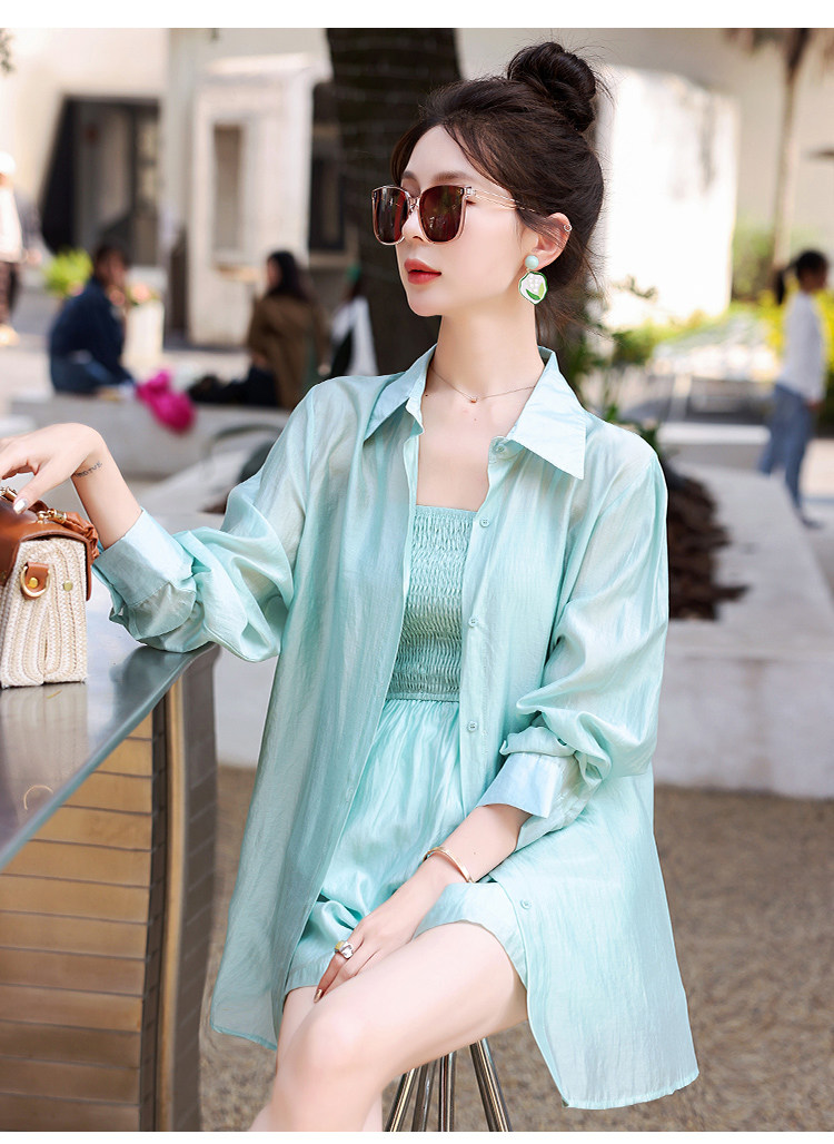 春夏两件套装女天丝棉气质Polo领洋气衬衫+松紧吊带连体衣裤裙子