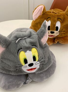 可爱卡通猫和老鼠u型枕戴帽子毛绒保暖护颈枕便携睡觉枕头情侣款
