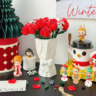 ins风粉色玫瑰积木花束陶瓷花瓶