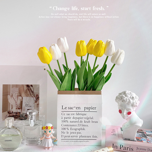 ins韩风黄白色仿真郁金香牛皮纸袋纸花瓶桌面摆放花卉家居装饰