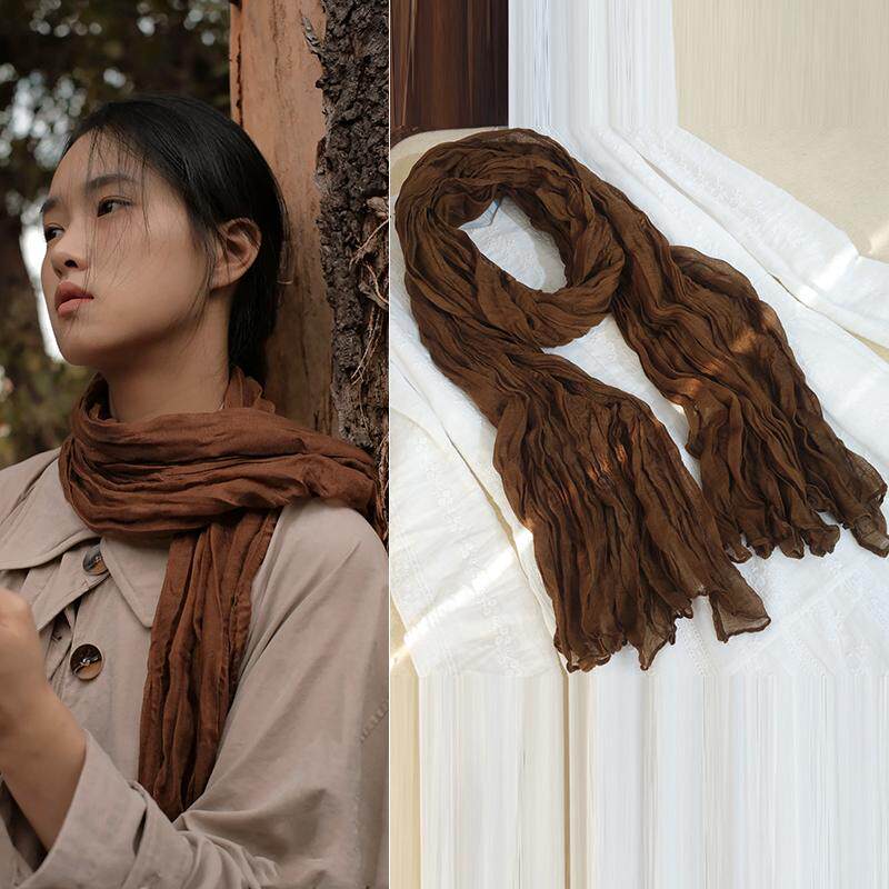 纯色棉麻围巾女秋冬薄新款文艺百搭肌理褶皱护颈保暖围脖丝巾披肩