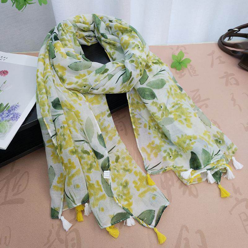 小众绿色碎花围巾女春夏薄款旅游长款披肩沙滩巾丝巾薄款棉麻纱巾