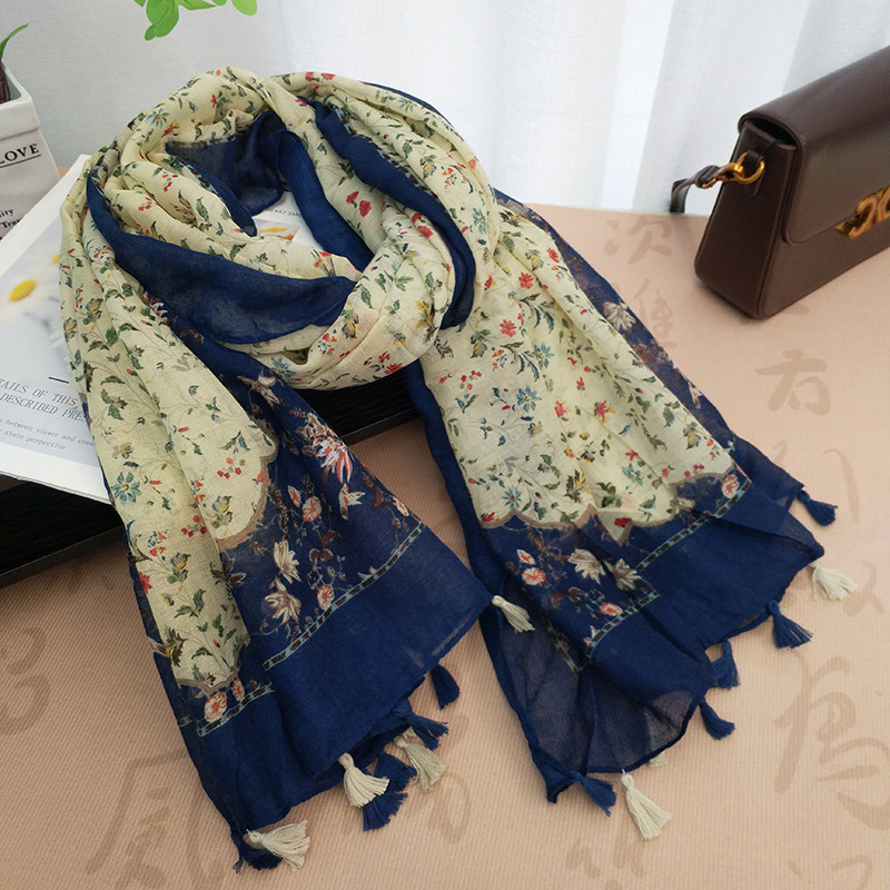 日系小清新文艺碎花围巾女薄百搭长款丝巾棉麻春夏季出游防晒披肩