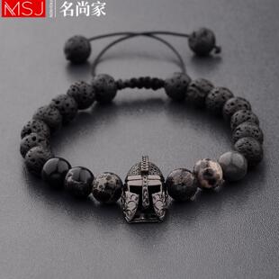 名尚家手串玛瑙火山石串珠手链锆石斯巴达勇士头盔编织瑜伽手环男