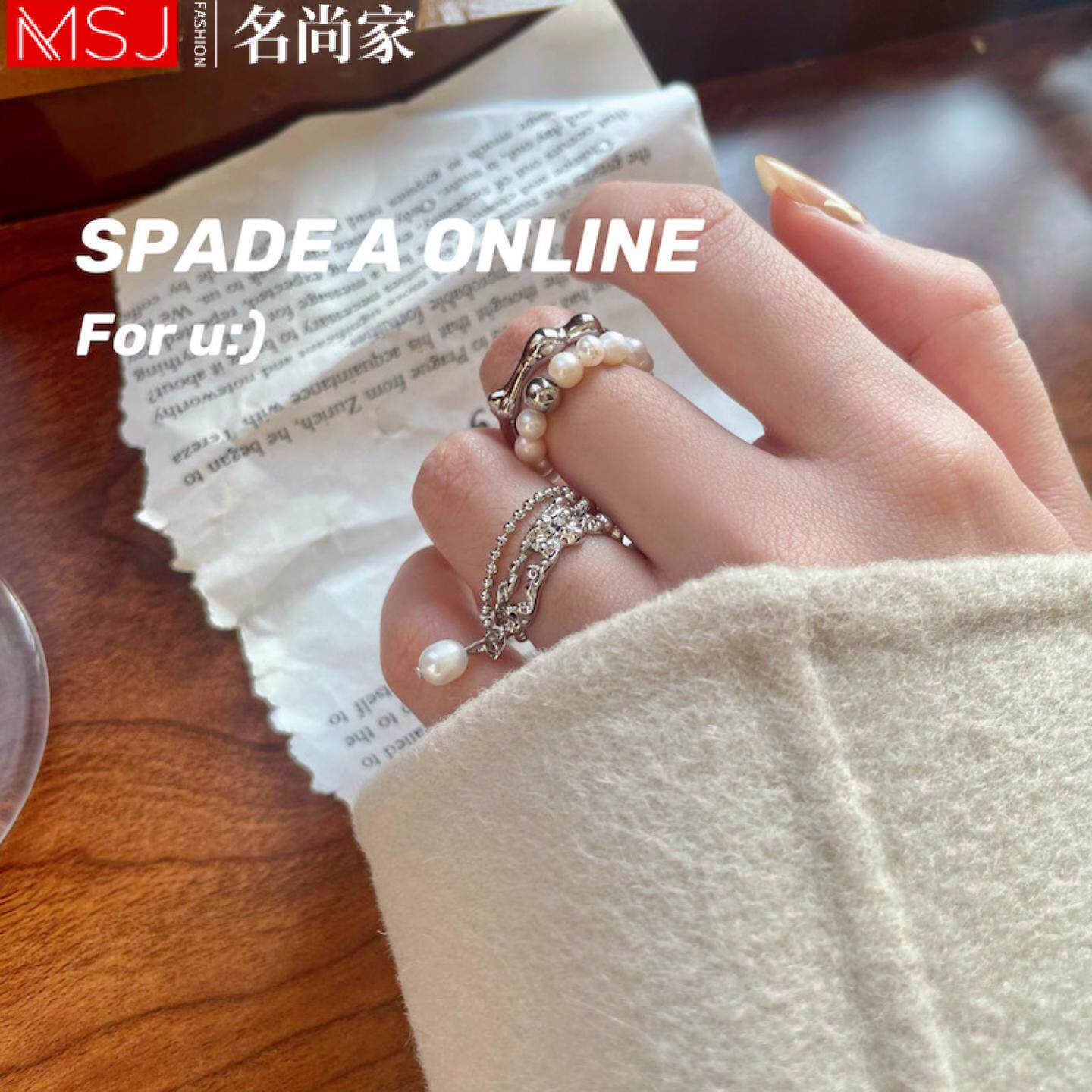 韩版S925镀银多层仿珍珠戒指女