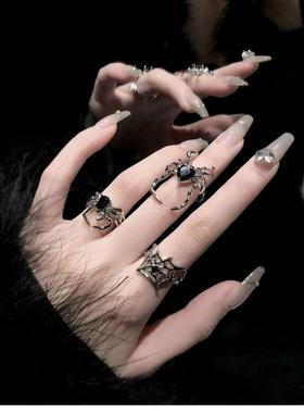 欧美暗黑复古黑色宝石蜘蛛指甲戒