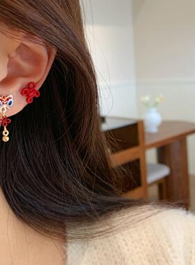 msj冬季红色醒狮花朵耳钉套装女银针小巧精致设计感新年一周耳饰