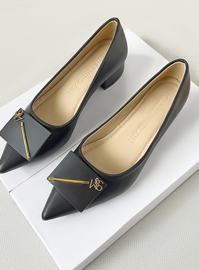 通勤软底黑色工作鞋2025新款粗跟单鞋尖头气质飘鞋平底鞋法式女鞋
