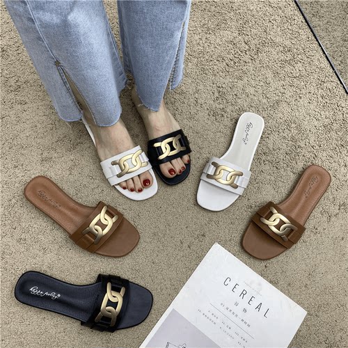 羊皮款夏季新款懒人外穿平底拖鞋女时尚金属扣一字拖百搭凉拖鞋女