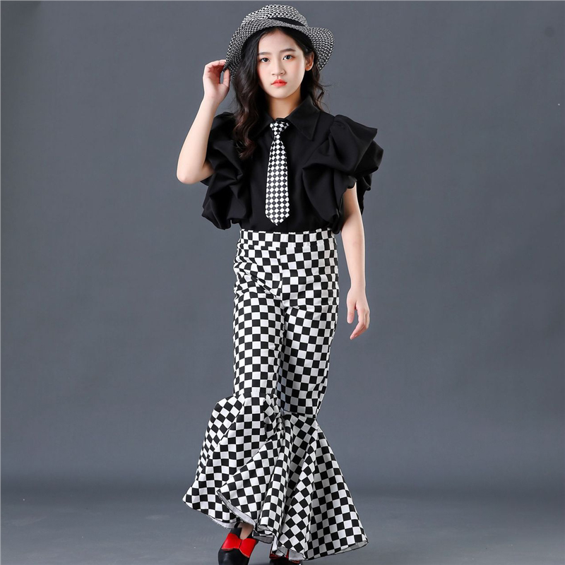 女童复古港风喇叭裤儿童T台走秀潮服个性机车服摇滚风时尚演出服