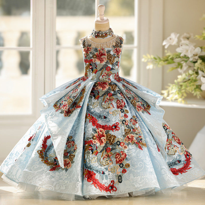 女童礼服蓝色高端轻奢小众儿童国潮公主裙走秀主持人重工演出服装