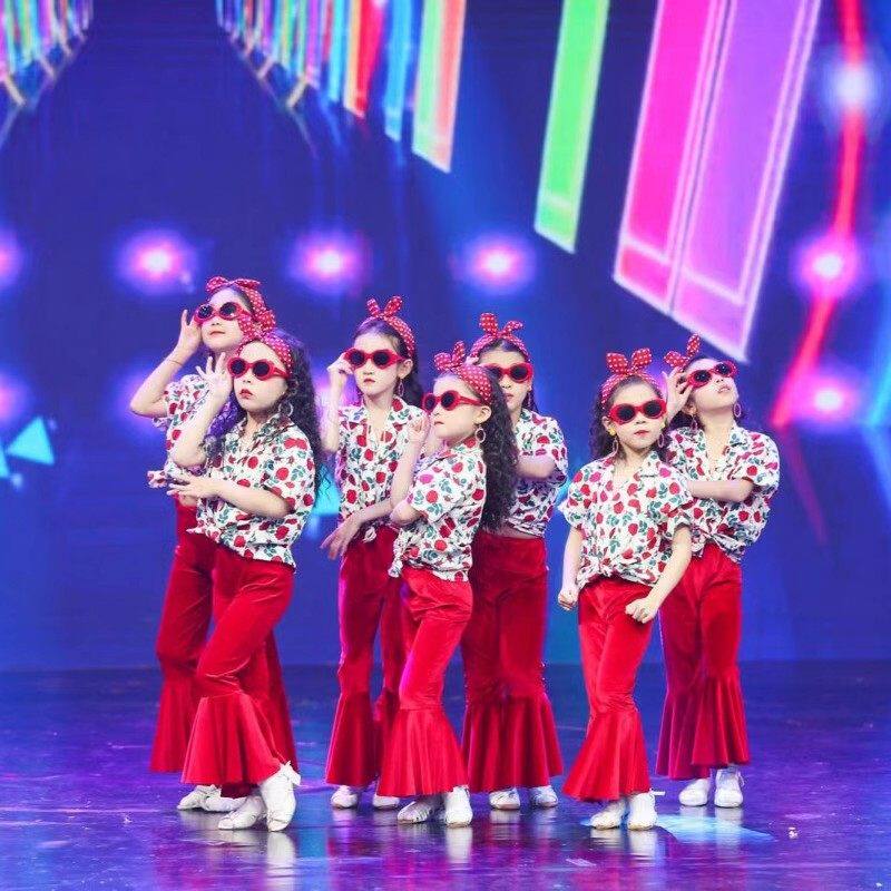 儿童复古港风喇叭裤花衬衫套装幼儿园8090年代主题走秀舞蹈演出服