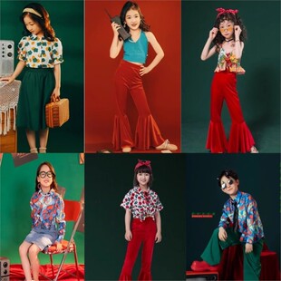 儿童港风演出服女童复古港风套装喇叭裤花衬衫8090年代运动会班服