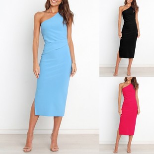 2024Summer One Shoulder Tank Top Pleated Dress背心褶皱连衣裙