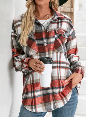 Thick loose single-breasted check shirt jacket女格纹衬衣外套