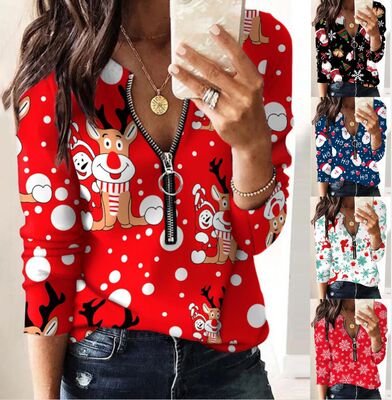圣诞印花V领卫衣Christmas printed V-neck long sleeved sweater