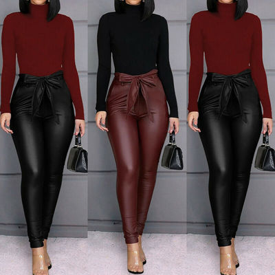 Women's Leggings PU Leather Bow High Waisted  Pants