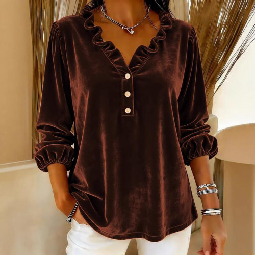 Women’s New Solid Color Long Sleeve V-Neck Top长袖v领女上衣