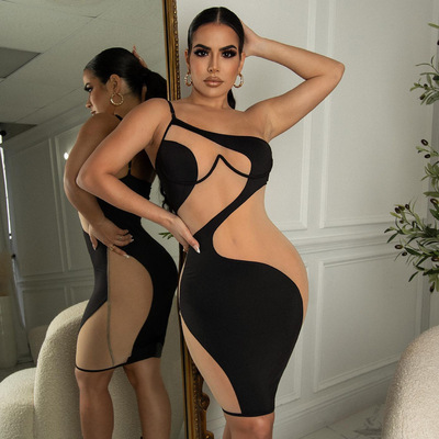 夏网纱透视拼接不规则性感连衣裙