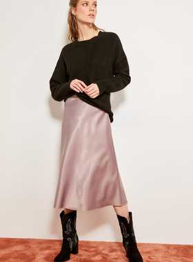 Mink Mustard Silk Satin High-waist Women Knee-leng skirt