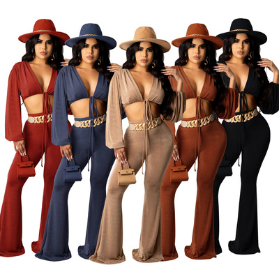 New Sexy Cropped Long-Sleeve and Long-Pants Set 性感露脐套装