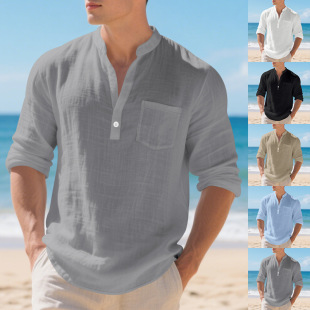 loose shirt男百搭宽松衬衫 sleeve versatile long Men neck