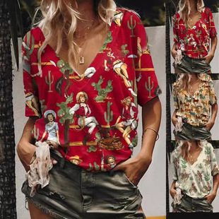 Shirt新款 Printed Neck Sleeve Short 印花V领衫 New Women