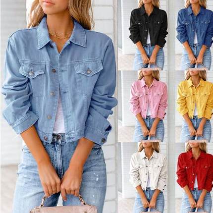 Women'S Solid Color Short Denim Coat Casual Button Denim Jac