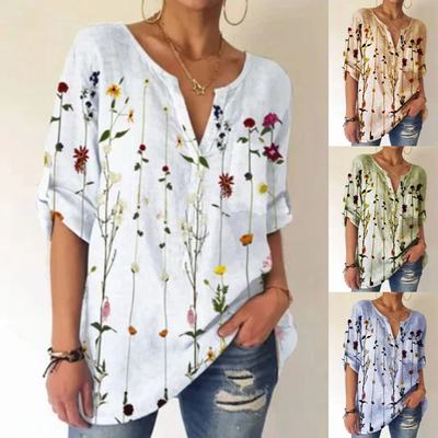 七分袖上衣印花甜美宽松套头秋季