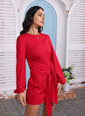 2024Autumn Waist Wrapped Longsleeve Tie Solidcolor Dress女裙