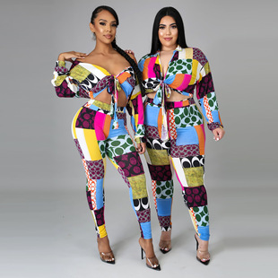 Sleeve Fitted Pants Casual 休闲印花紧身套装 Long Set Printed