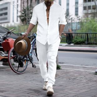 Men Stand and Collar Long Shirt Casual Set休闲男套装 Pants